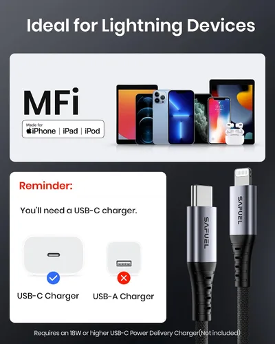 Vista 6 de Cable USB C a Lightning [6.6 pies, paquete de 2 unidades con certificación Apple MFi] Cable de carga de nailon trenzado para iPhone, cables de carga