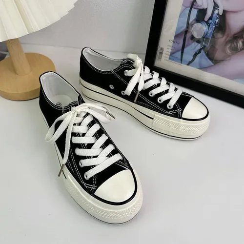 Vista 7 de REFRASE LIFE Tenis de plataforma para mujer, zapatos de plataforma blanca, zapatos de tenis de caña baja, zapatos de lona con cordones, zapatos