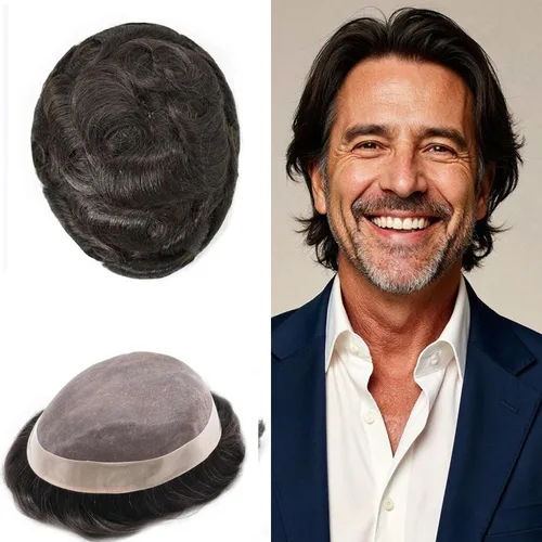 Vista 15 de Fine Mono Men Hair System Mens Toupee Real Human Hair Pieces For Men's Toupee Hair System For Men Hair Piece Natural Hairline 6X8 densidad de luz