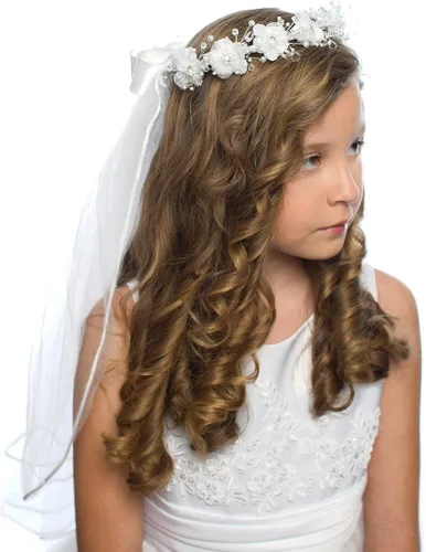 Vista 2 de Velo floral blanco de la corona de la primera comunión para niñas, Blanco