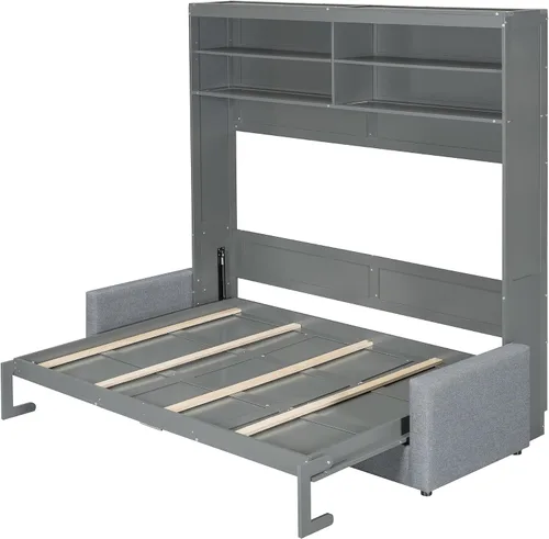 Vista 7 de Cama Murphy tamaño Queen, cama de madera Queen Murphy con sofá, cojín y estantes, gris
