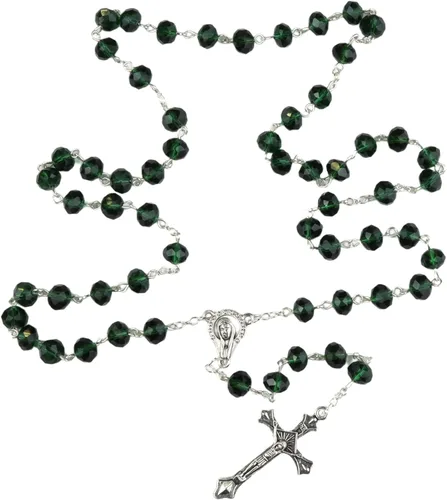 Vista 2 de Rosario de cristal verde esmeralda, cuentas de oración católicas, regalos religiosos para hombres y mujeres, 20 pulgadas de largo y crucifijo de 1 ½