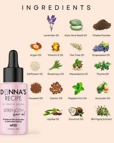 Vista 3 de Receta de Donna por Tabitha Brown Aceite para Cabello Fuerte Mezcla de 18 aceites naturales y polvo, tratamiento ligero y de rápida absorción
