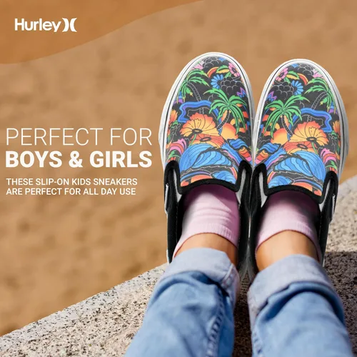 Vista 3 de Hurley Zapatos deportivos de lona sin cordones para niños, zapatos deportivos de corte bajo para niños y niñas, tenis casuales