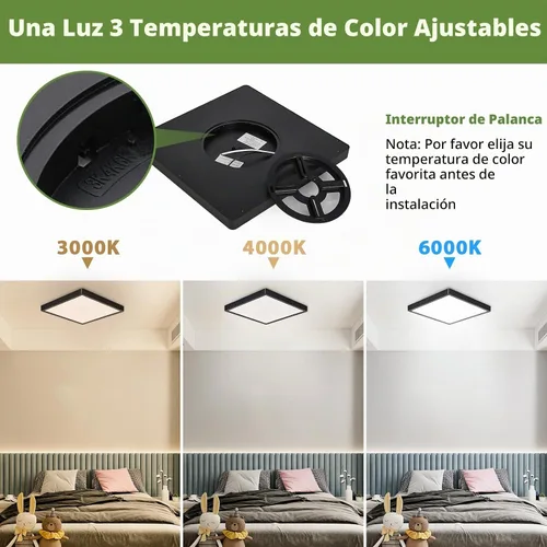 Vista 2 de Lámpara de techo LED cuadrada de montaje empotrado de 12 pulgadas, 24 W, 3000 K/4000 K/6000 K, lámpara de montaje empotrado ajustable, 2800 lm