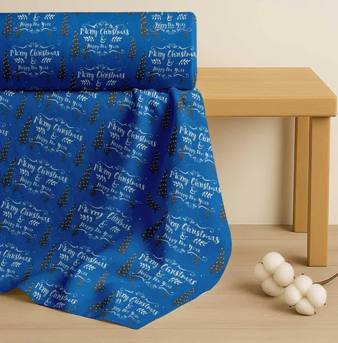 Vista 4 de Tela de algodón azul Soimoi, diseño de árbol de tela de cambric, feliz Navidad y feliz año nuevo, de 42 pulgadas de ancho