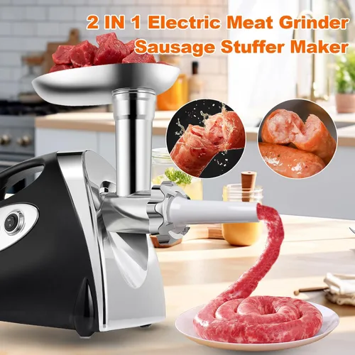 Vista 3 de Picadora eléctrica de carne y relleno de salchichas, motor resistente de 2500 W, 4 cuchillas de acero inoxidable, doble voltaje (110 V-240 V)