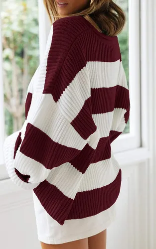 Vista 7 de ZESICA Suéter de punto de manga larga para mujer, cuello redondo, a rayas, bloque de color, cómodo, holgado, de gran tamaño, para otoño 2024