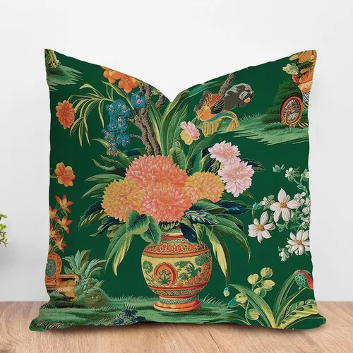 Vista 17 de ArogGeld Chinoiserie - Funda de cojín para sofá, diseño floral de peonía, color verde azulado, verde y rojo, diseño de peonía, diseño escénico
