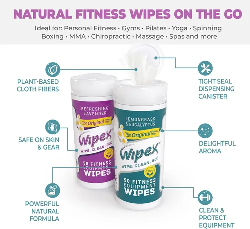Vista 2 de Wipex Toallitas para equipos de fitness, verificado por EWG, 50 unidades, toallitas naturales originales para gimnasio, para equipos de gimnasio