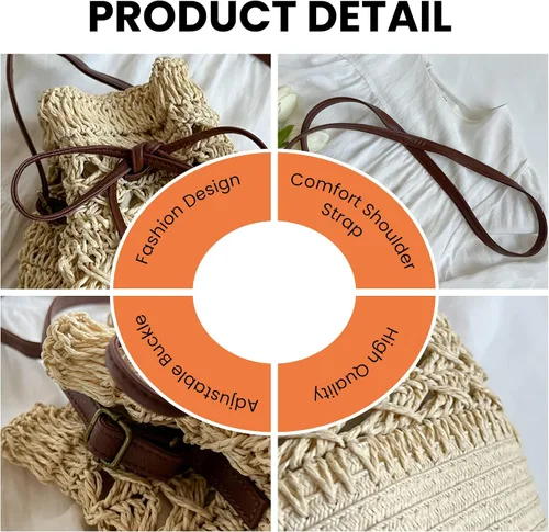 Vista 4 de Bolsa de paja para mujer, bolsa de playa tejida de verano con cordón de ajuste, bolso de mano para vacaciones (beige)