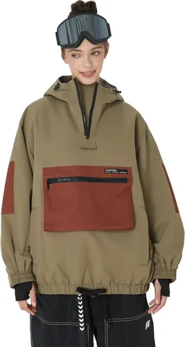 Vista 7 de SNOWVERB Chaqueta de snowboard impermeable holgada con aislamiento y bolsillos tipo cargo con capucha y a prueba de viento para hombres y mujeres