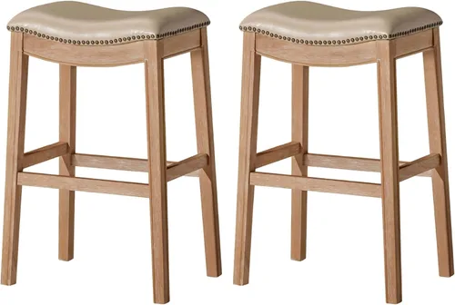 Vista 26 de Maven Lane Adrien Taburete de bar sin espalda, juego de 2, asiento de silla de montar de 31 pulgadas con reposapiés, marco de madera maciza marrón