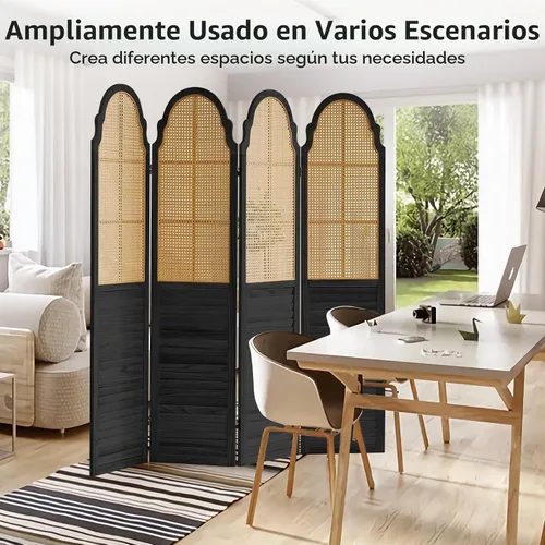 Vista 7 de Divisor de habitación de madera de 4 paneles, pantalla de privacidad plegable, pared divisora de habitación de ratán, pared divisora de madera