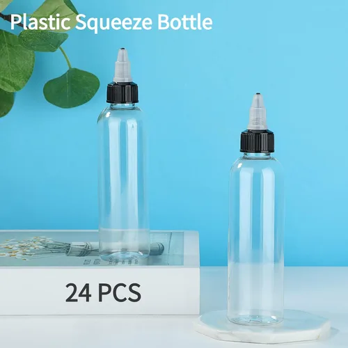 Vista 3 de 24 botellas dispensadoras transparentes de 2 onzas, botellas de plástico exprimibles con tapas giratorias para aceites, tintas y líquidos
