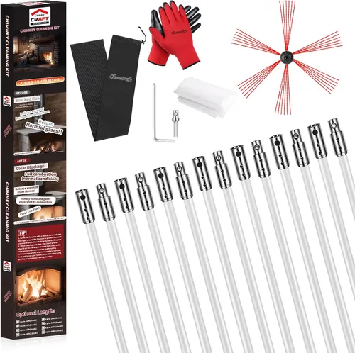 Vista 8 de Kit de limpieza de chimenea de 16 pies, kit de limpieza de chimenea con 5 varillas de chimenea flexibles, sistema de limpieza de chimenea giratorio