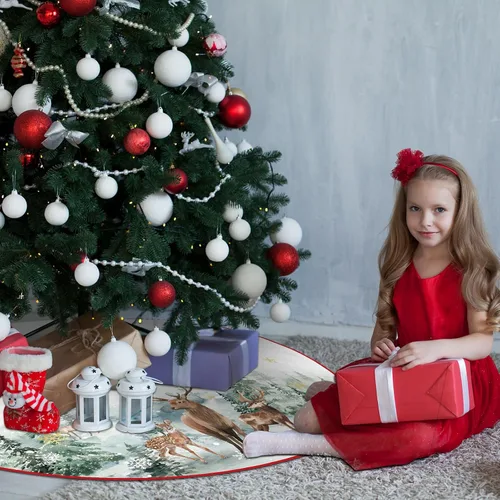 Vista 4 de Falda de árbol de Navidad de 48 pulgadas, falda de árbol de Navidad de poliéster con patrón de copo de nieve, ciervo, muñeco de nieve, decoraciones
