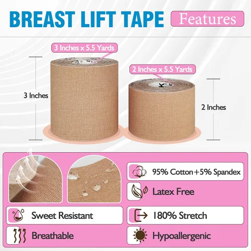 Vista 2 de OK TAPE Breast Lift Tape, Boob Tape for Large Breasts Lift A-G Cup, Invisible bra with 5 Pairs Nipple Cover Set, 3" x 16.4ft