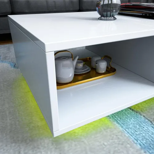 Vista 8 de COSVALVE Mesa de centro LED blanca brillante con 16 luces de colores, mesa auxiliar para sala de estar, moderna mesa de sofá brillante con cajón