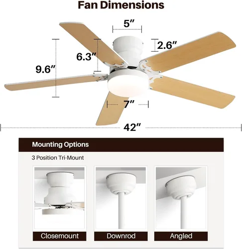 Vista 6 de Sofucor Ventiladores de techo con luces, ventilador de techo de perfil bajo de 42 pulgadas con luz y control remoto, moderno ventilador de techo