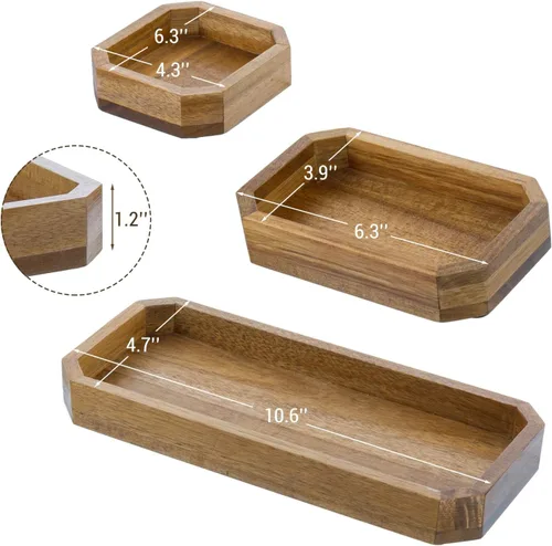 Vista 5 de MyGift Bandejas organizadoras octogonales de escritorio de madera maciza de acacia maciza, soportes de papelería de oficina, juego de 3 piezas