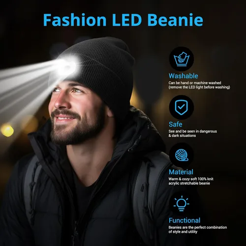 Vista 4 de Gorro de punto con luz incorporada, recargable, con luz LED, suave, de acrílico, para hombre y mujer, regalo