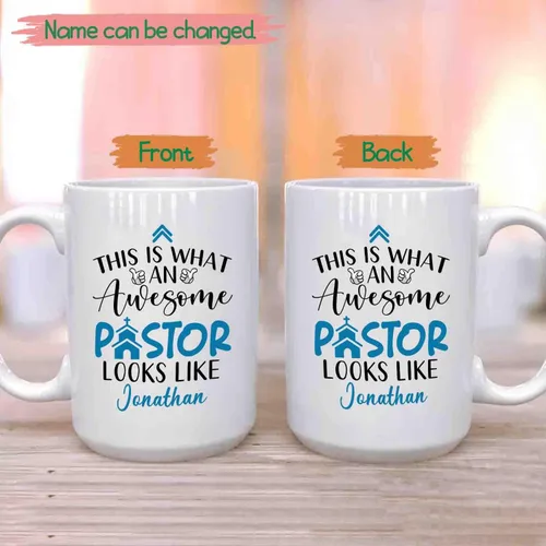 Vista 2 de Awesome Pastor - Tazas de café de 11 onzas y 15 onzas, nombre personalizado y personalizado, perfectas para pastores y regalos de iglesia Taza
