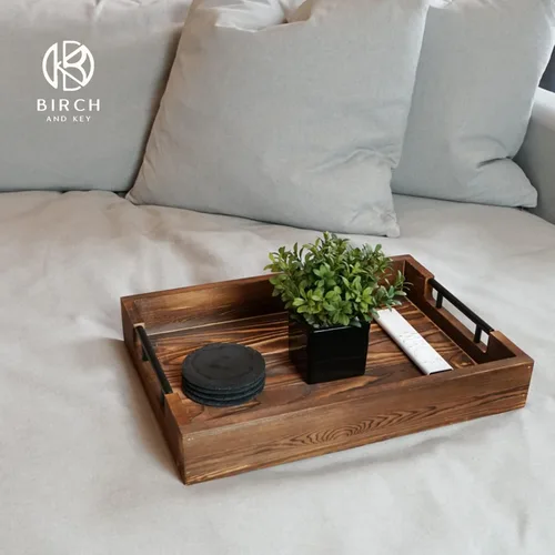 Vista 5 de Bandejas de bambú natural para servir modernas bandejas decorativas Otman con asas de metal, perfectas para sala de estar, dormitorio, entrada