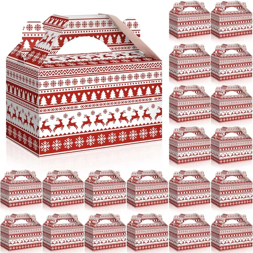 Vista 12 de Cholemy 50 piezas de cajas de regalo de Navidad con asa, cajas de diseño rojo y blanco, cajas de galletas y dulces de Navidad, cajas de papel