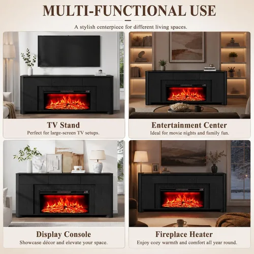 Vista 3 de Soporte de TV con chimenea de 70 pulgadas para TV de 80 pulgadas, consola Negro