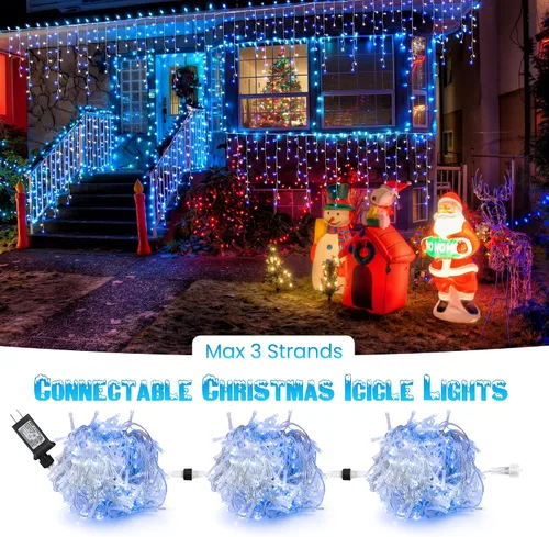 Vista 4 de Toodour Luces de Carámbano de Navidad Blancas y Azules, 29.5 pies, 360 Luces LED de Carámbano, 8 Modos, 60 Gotas, Luz LED de Navidad para Cortina