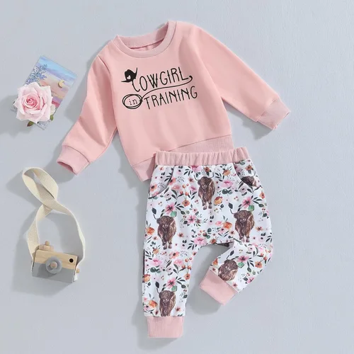 Vista 2 de Omkzanbi Western Baby Girl Boy - Sudadera retro para bebé, niña, niño, mamá, vaquera, pantalones deportivos de vaca de las tierras altas, traje