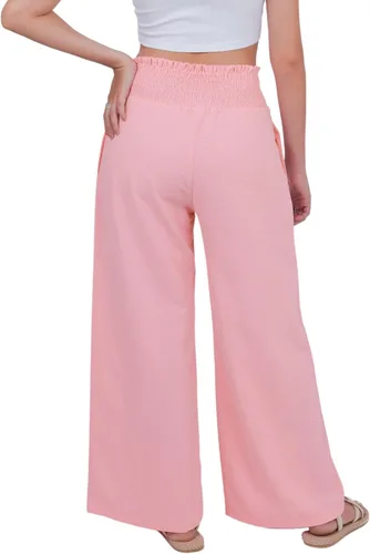 Vista 2 de LOFBAZ Pantalones palazzo de lino de pierna ancha para mujer, pantalones holgados casuales bohemios, de cintura alta, para playa, descanso