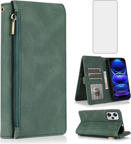 Vista 11 de Compatible con Xiaomi Redmi Note 12 Pro Plus/Pro+ 5G Wallet Case Protector de pantalla y cremallera Funda de cuero retro Flip Cover Titular