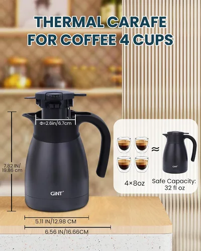 Vista 5 de Jarra térmica para café GiNT de 1L / 34Oz, jarras de café de acero inoxidable aisladas para mantener caliente/Jarra térmica de vacío de doble pared