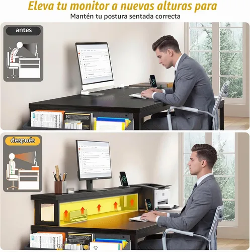 Vista 10 de EnHomee Escritorio de oficina de 56.5 pulgadas con cajones y espacio