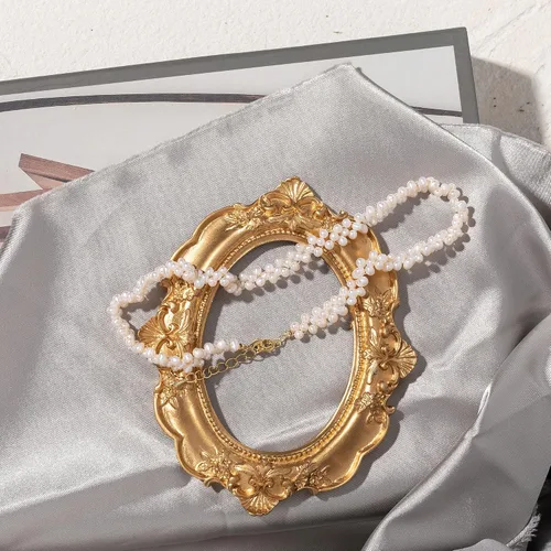 Vista 5 de Cowlyn Pearl Necklace Cultured Baroque Strands Short Dainty Choker Tiny Chain Delicate Handmade Vintage Christmas Valentine Gift Jewelry Women Girls