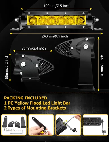 Vista 5 de Chelhead Barra de luz LED delgada, barra de luz de 7 pulgadas, haz de inundación, luz antiniebla amarilla, fila única, 30 W, 3600 lm, barra de faros