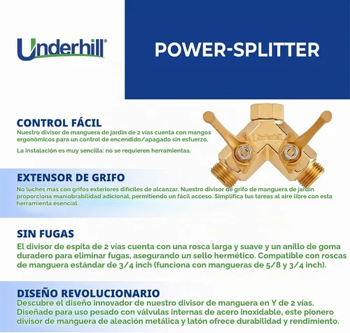 Vista 3 de Underhill - Divisor de manguera Y de jardín de 2 vías, resistente, conector de grifo de bib de alta capacidad con válvulas de cierre de agua, metal