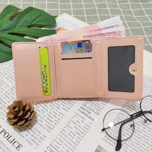 Vista 6 de Monedero con estampado de frutas para mujer, monedero de tres pliegues con múltiples tarjetas, Rosado
