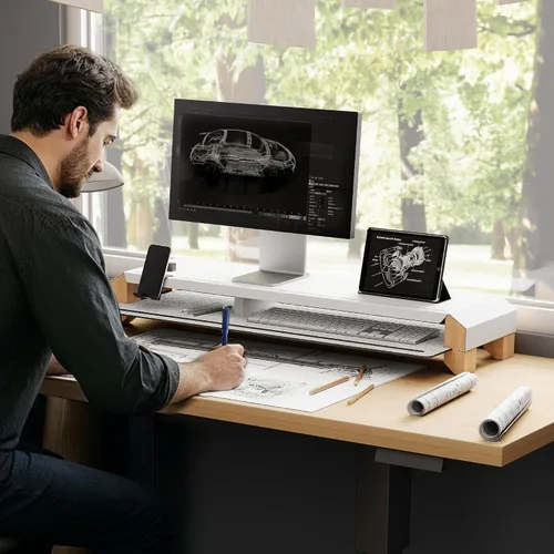 Vista 7 de Fenge Soporte de monitor para escritorio, elevador de monitor doble de 39 pulgadas para 2 monitores, estante de escritorio de madera maciza