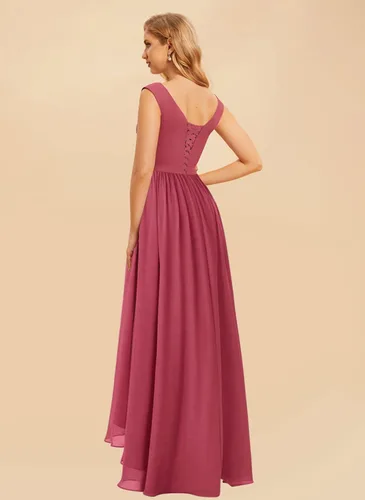 Vista 2 de TIRAS Vestido de dama de honor alto y bajo para mujer, largo fruncido, de gasa, cuello en V, formal, vestido de fiesta de noche con bolsillos CM086