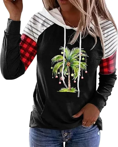 Vista 14 de LLHXRUI Sudadera de Navidad con diseño de árbol a cuadros y rayas para mujer, camiseta con bolsillo con capucha, manga larga, bloque de color Como