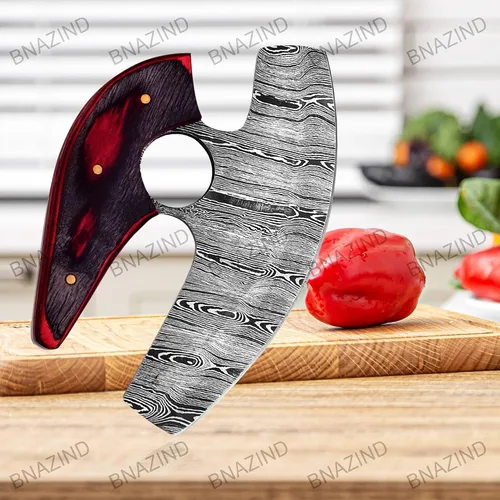 Vista 5 de Damascus Alaskan Ulu Cuchillo cortador de pizza Cuchillo balancín - Cuchillos de Damasco multiusos para desollar, cazar, cuchillo de cortar