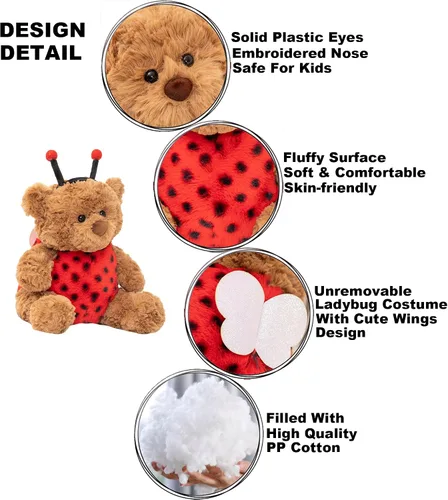 Vista 6 de Oso de peluche suave, juguetes de peluche con disfraz de mariquita, oso de peluche, disfraz de mariquita, oso de peluche, regalo para niños y amantes