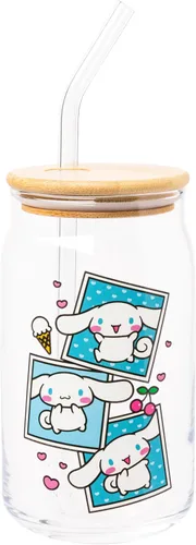 Vista 27 de Silver Buffalo Sanrio - Vaso de vidrio con tapa de bambú y sorbete de vidrio de fotos de Badtz-Maru, 16 onzas