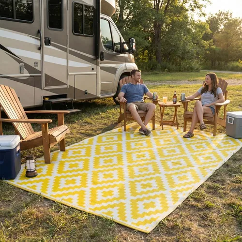 Vista 9 de FH Home - Alfombra para exteriores de camping, impermeable, resistente a la decoloración, reversible, plástico reciclado de alta calidad, acabado