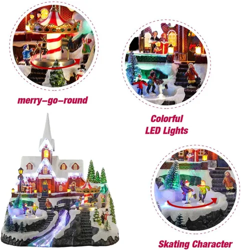 Vista 3 de Casa de iglesia de pueblo navideño de 15 pulgadas, escena animada de invierno con patinadores, carrusel giratorio, luces de fibra óptica y música