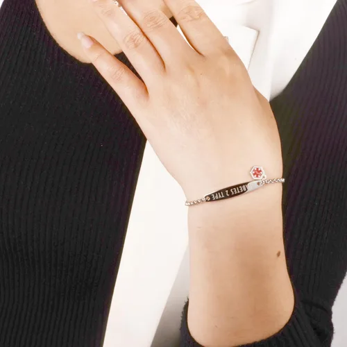 Vista 53 de LinnaLove - Pulsera de identificación de alerta médica con cadena Rolo simple pregrabada para mujer