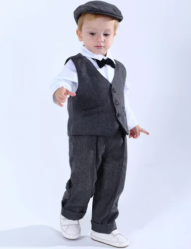 Vista 2 de A&J DESIGN Conjunto de traje para bebé, 3 piezas, mameluco de caballero y chaleco y boinas